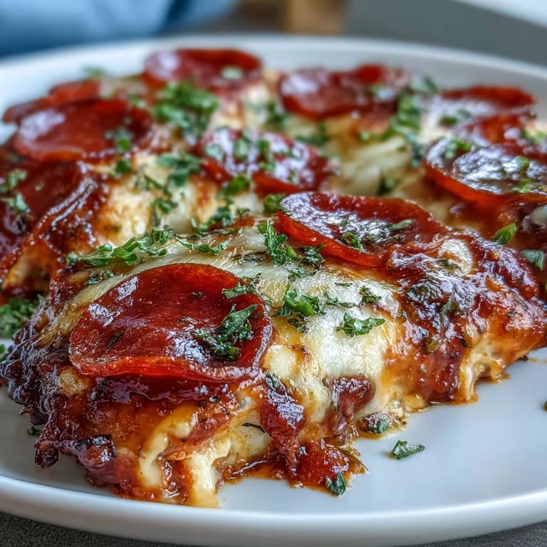 Keto Pepperoni Pizza Chicken Bake with pepperoni slices on a bed of rich marinara sauce.