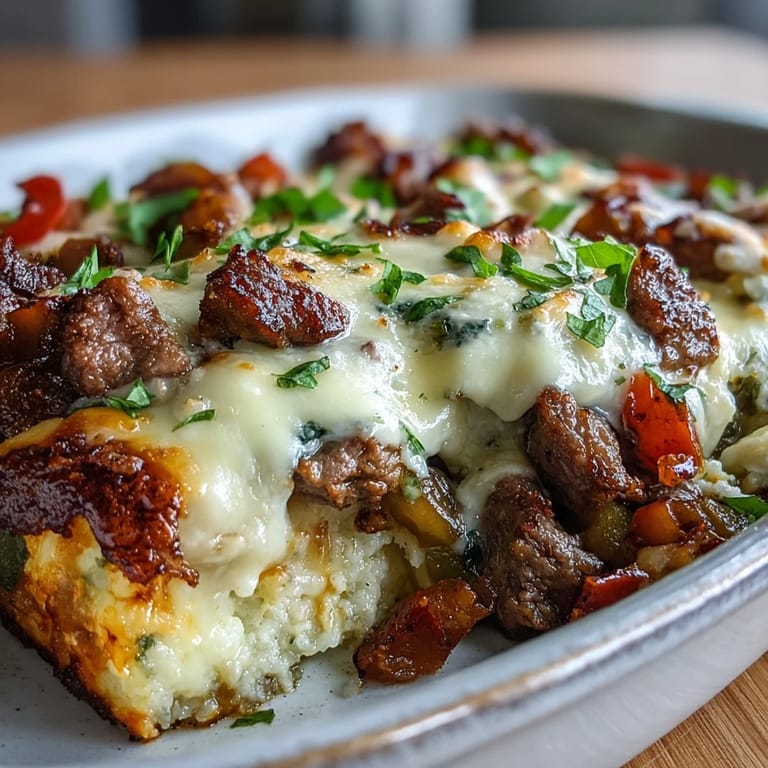 A close-up view shows the baked Keto Philly Cheesesteak Casserole with Cauliflower Rice featuring tender beef and colorful peppers.