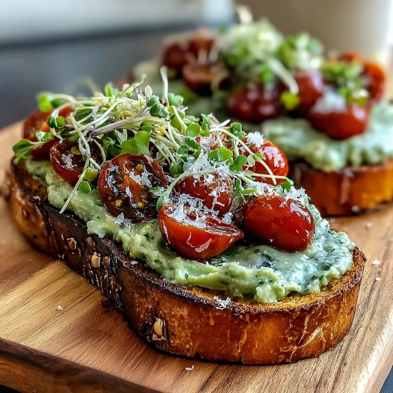 Creamy avocado pesto spread over golden sourdough, garnished with juicy cherry tomatoes and crisp microgreens.  
