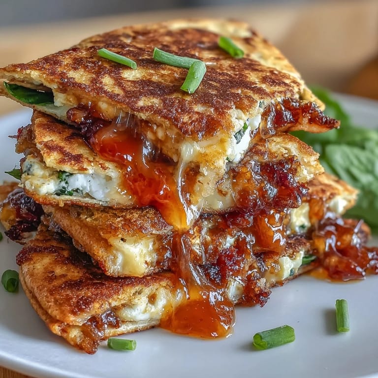 Savory quesadilla with layers of chili jam, crumbled goat cheese, and fresh spinach, pan-fried until crisp.