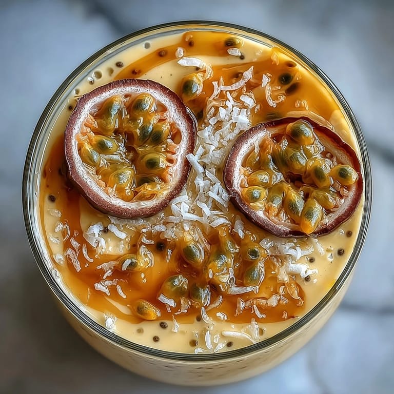 Vibrant chia pudding layered with passionfruit puree, topped with shredded coconut and mint, served chilled for breakfast or dessert.