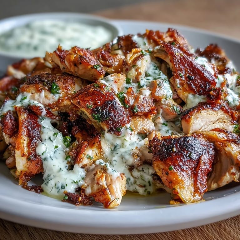 Aromatic Middle Eastern chicken shawarma with turmeric and cumin, sliced and drizzled with homemade garlic sauce for bold flavor.