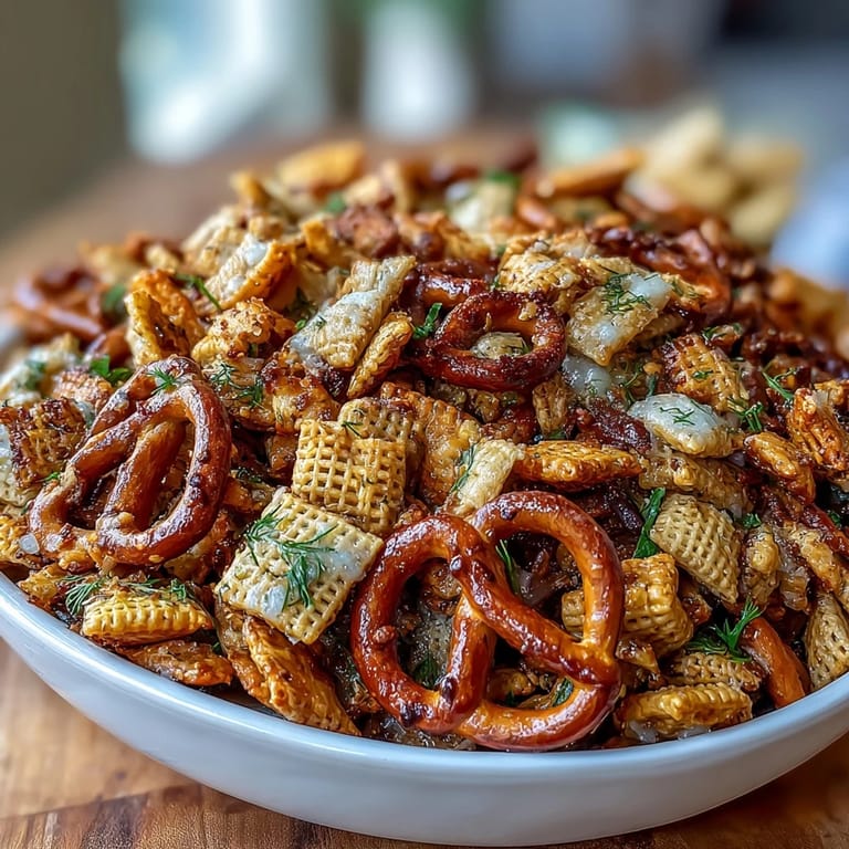 Golden-brown Dill Pickle Chex Mix baked to crunchy perfection, bursting with zesty dill flavor and savory garlic and onion notes.