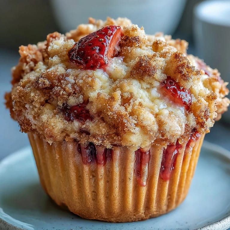 Moist strawberry muffins topped with buttery crumble and fragrant lemon zest, perfect for a sweet breakfast treat.  