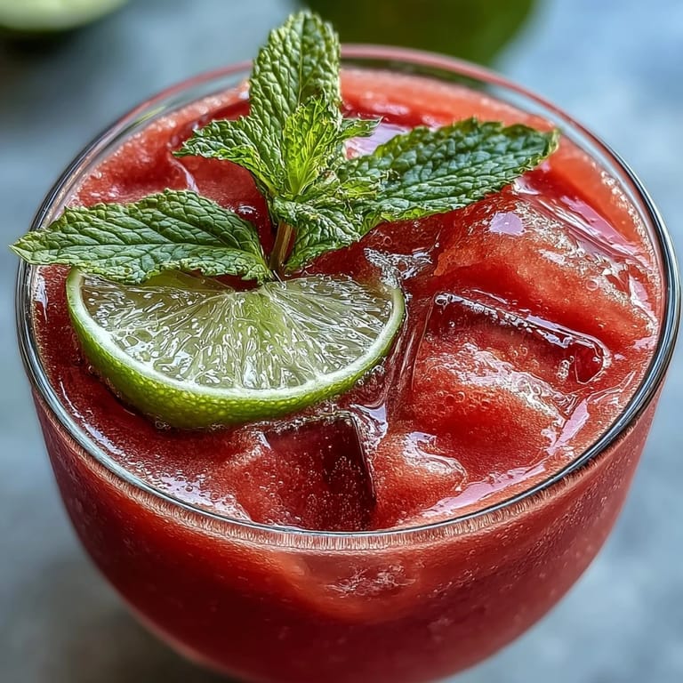 Refreshing alcohol-free strawberry watermelon daiquiri mocktail garnished with mint sprigs and lime wheel, ideal for festive gatherings.