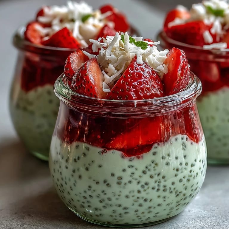 Beautifully layered Strawberry Matcha Chia Pudding Jars, featuring creamy textures and refreshing flavors in a visually stunning presentation.