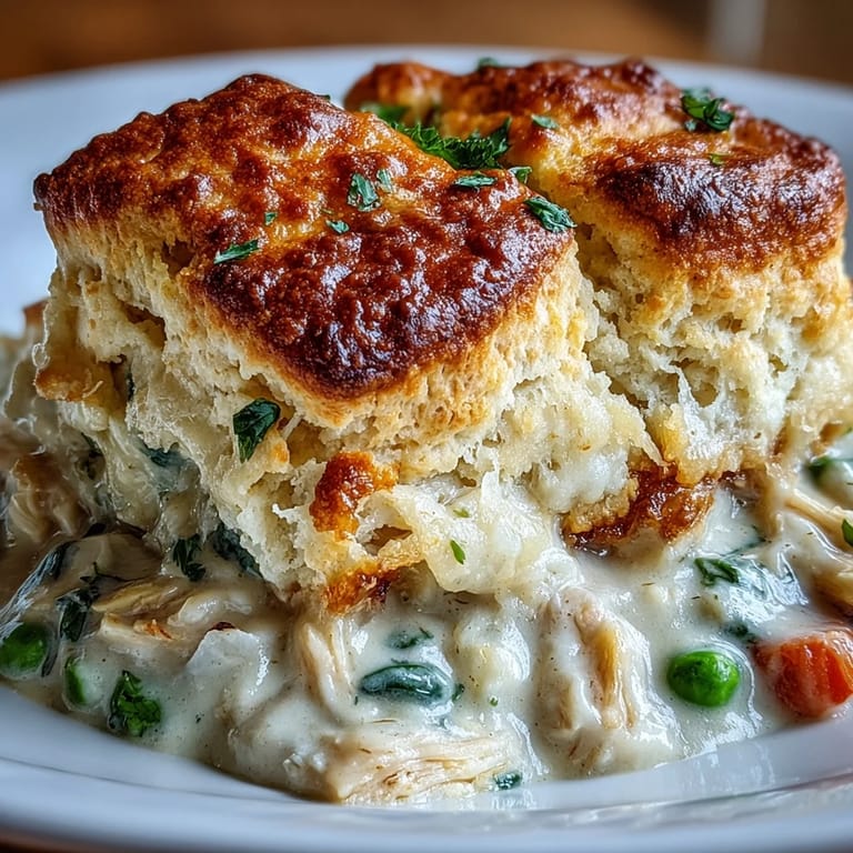 Warm, bubbling creamy chicken pot pie with fluffy biscuit topping, a comforting classic American dinner for chilly evenings.