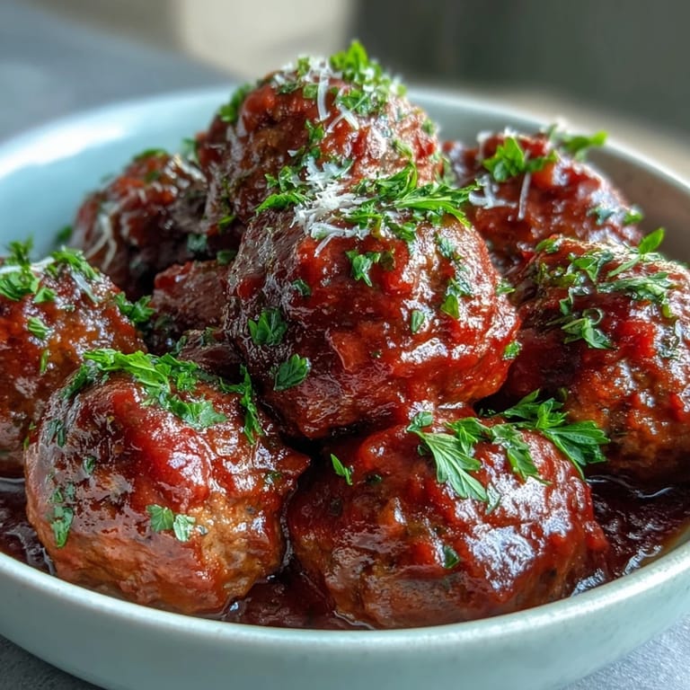 Tender, juicy slow cooker meatballs simmered in a savory tomato sauce, perfect for parties and easy entertaining.  