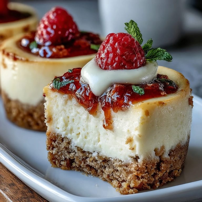 3. Perfect party dessert: housewarming mini cheesecakes with glossy tops, served on a tiered tray with colorful fruit garnishes.