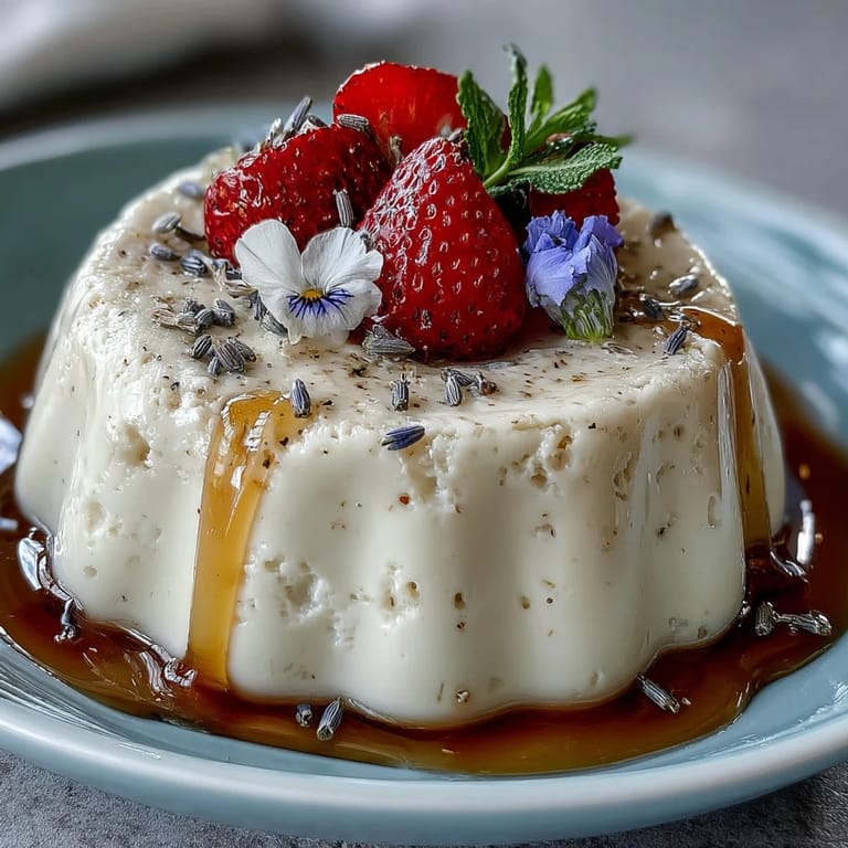 Silky Italian panna cotta infused with lavender and drizzled with golden honey, topped with edible blossoms.
