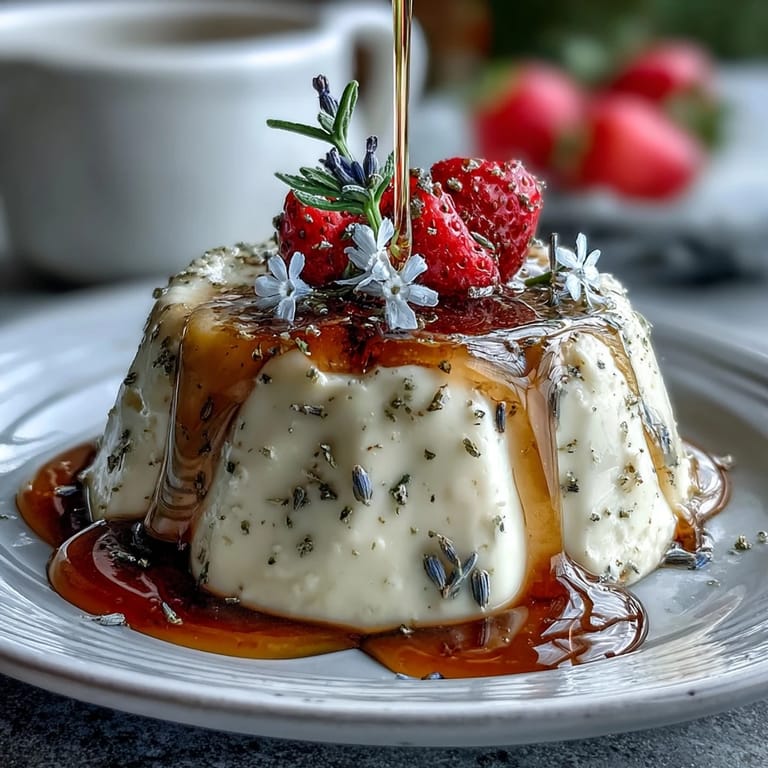 Soft-set honey lavender panna cotta with gentle floral notes, garnished with fresh berries and honey glaze.