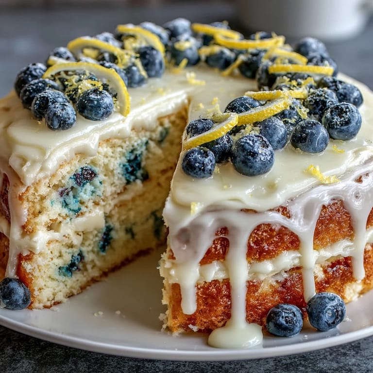 Moist lemon blueberry layer cake topped with tangy cream cheese frosting and edible flowers.