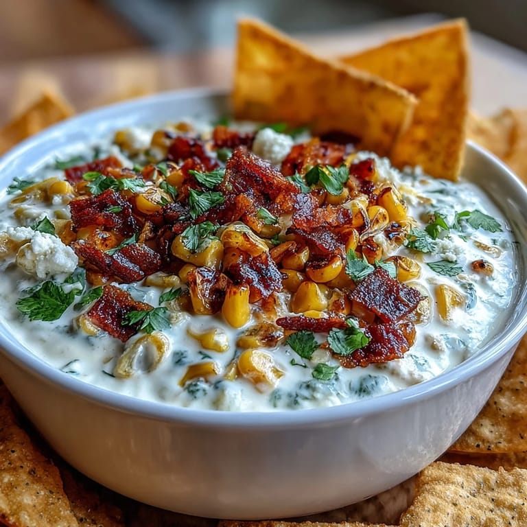 Spicy elote dip with cotija cheese, fresh lime, and chili powder, served alongside crunchy tortilla chips.