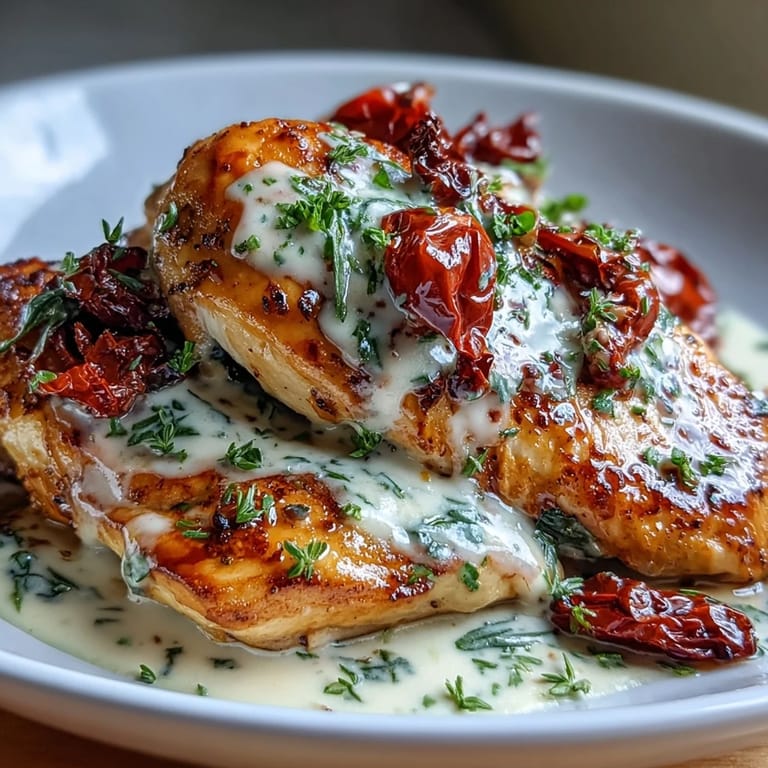 Creamy Tuscan Chicken with Sun-Dried Tomatoes, spinach, and Parmesan, garnished with basil and served hot.