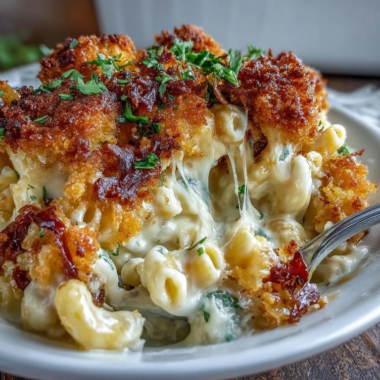 Rich and velvety mac and cheese bake featuring sharp cheddar, Gruyère, and a crispy breadcrumb crust, served hot from the oven.