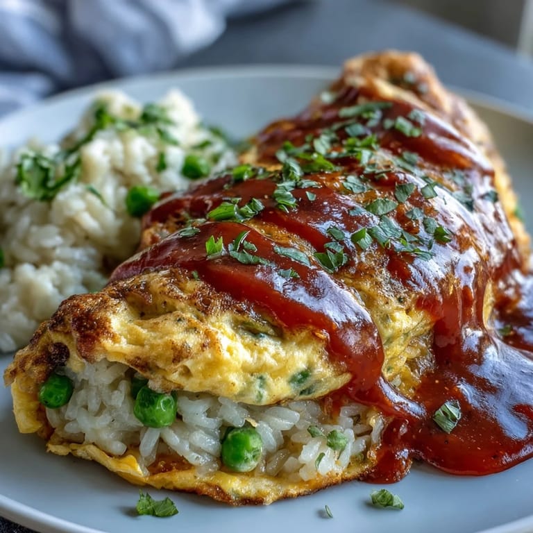 Classic Omurice visually showcasing its fluffy egg and the iconic ketchup drizzle.