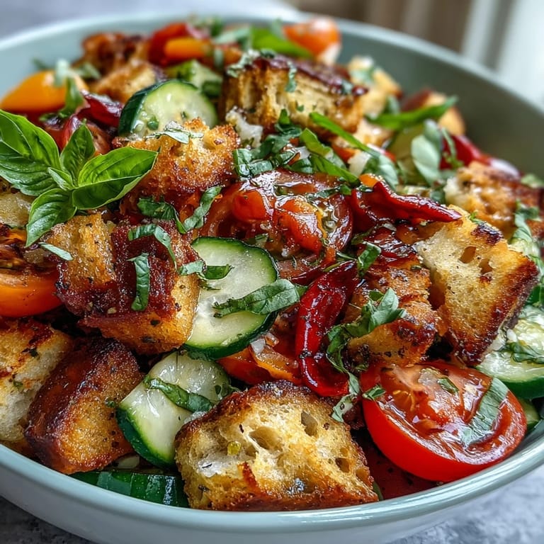 Vibrant Italian Summer Panzanella featuring grilled bread, fresh vegetables, and dressing.