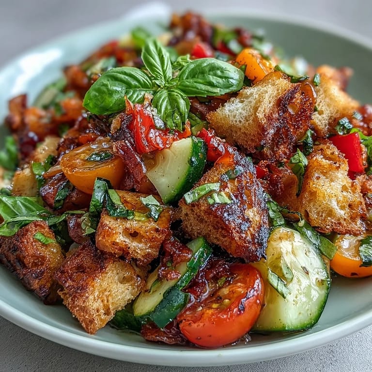 Tangy Summer Panzanella showcases crusty grilled bread, juicy tomatoes, and garden bounty.