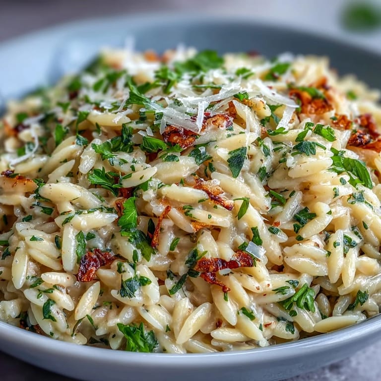 Tender orzo bathed in roasted garlic sauce, a delightful Mediterranean side.
