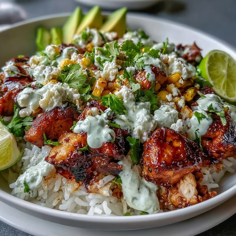 Enjoy colorful Street Corn Chicken Rice Bowls piled high with spiced chicken.