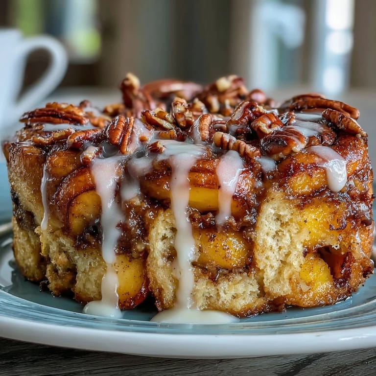 Golden brown Peach Cobbler Cinnamon Roll Casserole, perfect for brunch.