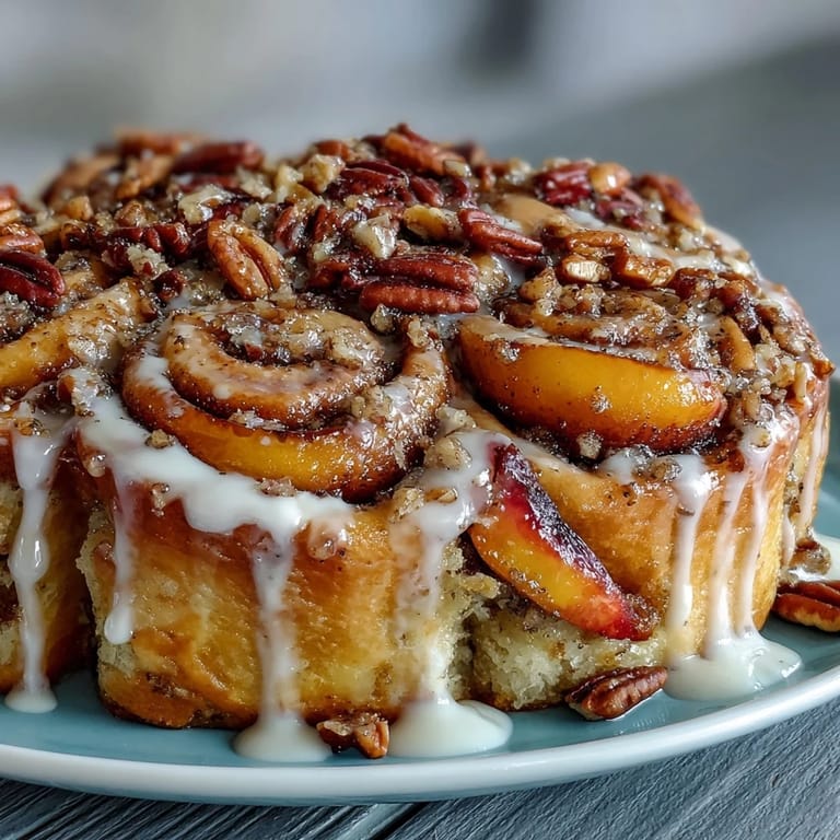 Enjoy this delicious Peach Cobbler Cinnamon Roll Casserole with pecans.