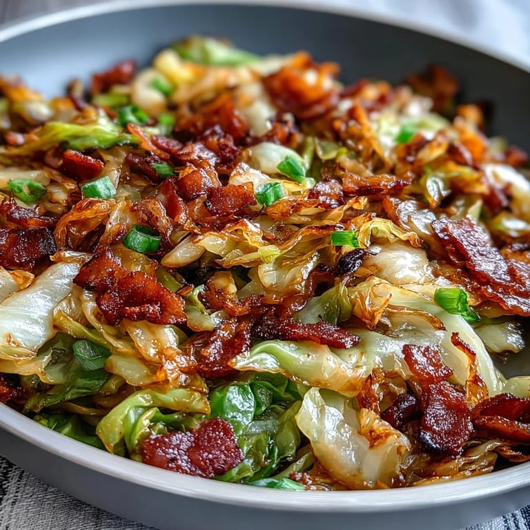 Hearty fried cabbage with smoky bacon and sweet onions, ready to serve.