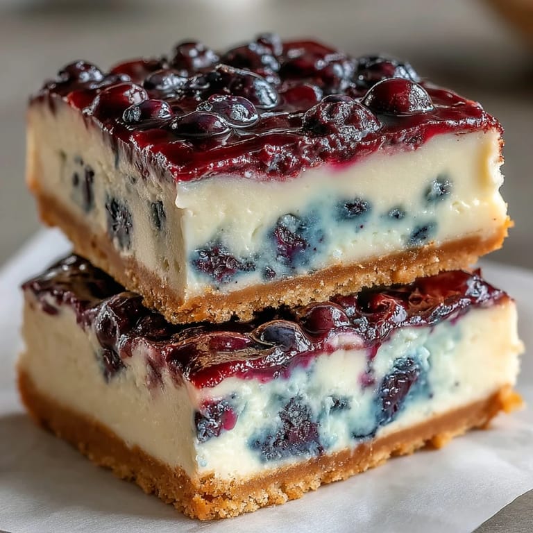 Creamy No-Bake Lemon Blueberry Cheesecake Bars, a cool, refreshing no-bake dessert.