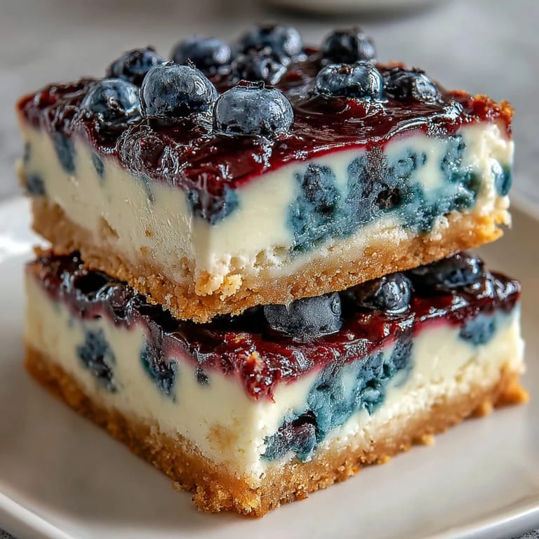 Delicious No-Bake Lemon Blueberry Cheesecake Bars swirled with sweet blueberries and lemon.