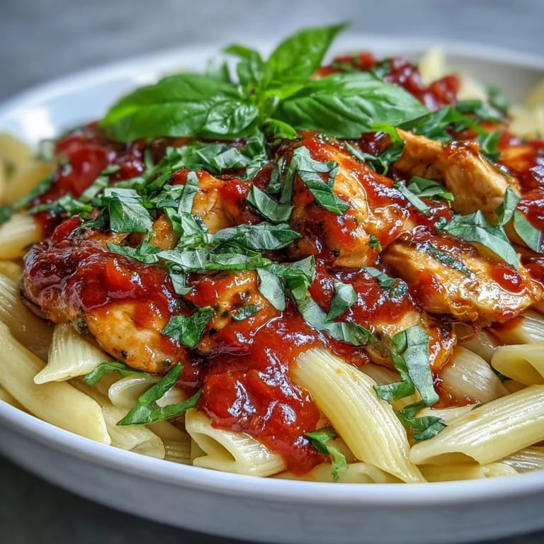 Comforting chicken pasta bake, vibrant basil and creamy tomato sauce topping.