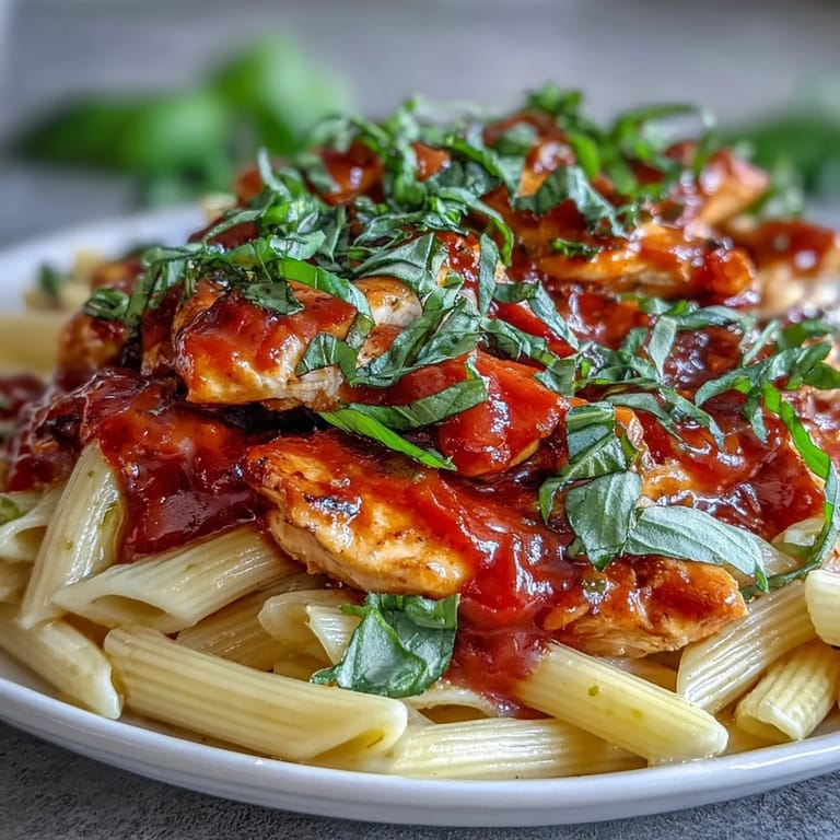 Weeknight creamy tomato basil chicken pasta, easily served with fresh basil garnish.