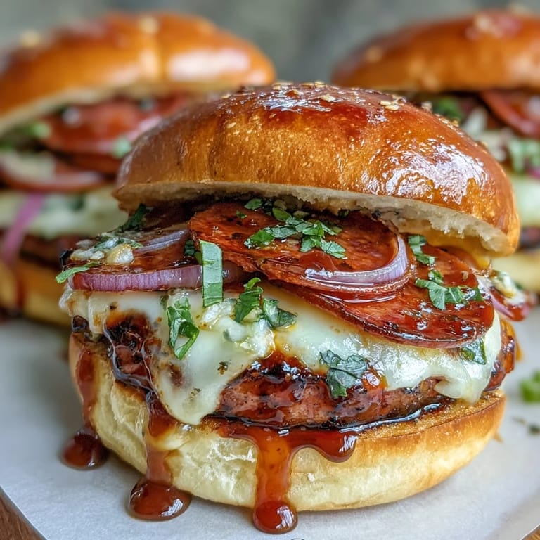Stacked hot honey pizza burgers with melted mozzarella, ready for summer cookouts.
