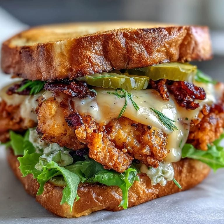 Juicy smash chicken sandwich glistening with tangy sauce and crunchy pickle chips on a bun.