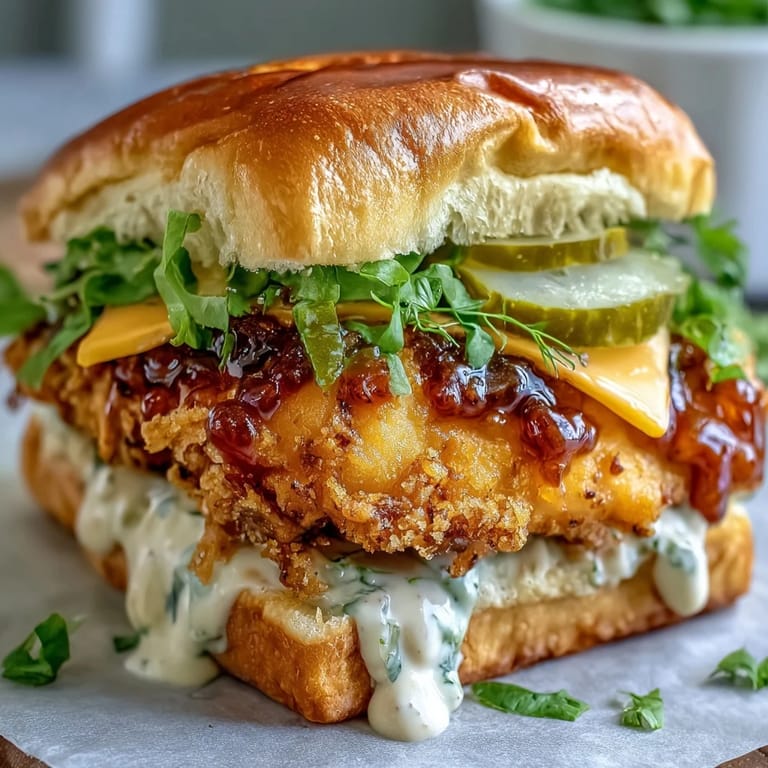 Golden brown smash sandwich featuring tender chicken and fresh toppings, ready to be devoured.