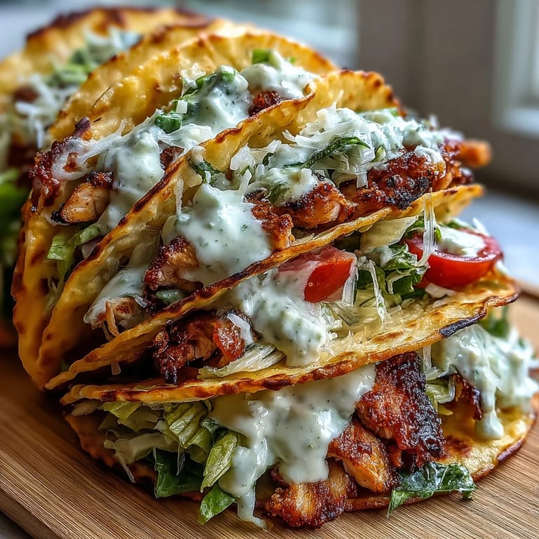 Savory smash tacos combining Caesar salad, chicken, and crispy tortillas.