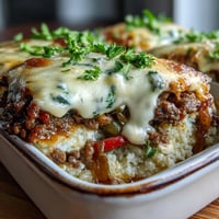 Golden, bubbly cheese tops the Keto Philly Cheesesteak Casserole with Cauliflower Rice, served alongside a fresh green salad.