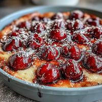 Perfectly golden Fresh Cherry Clafoutis with vanilla bean, a summer delight.